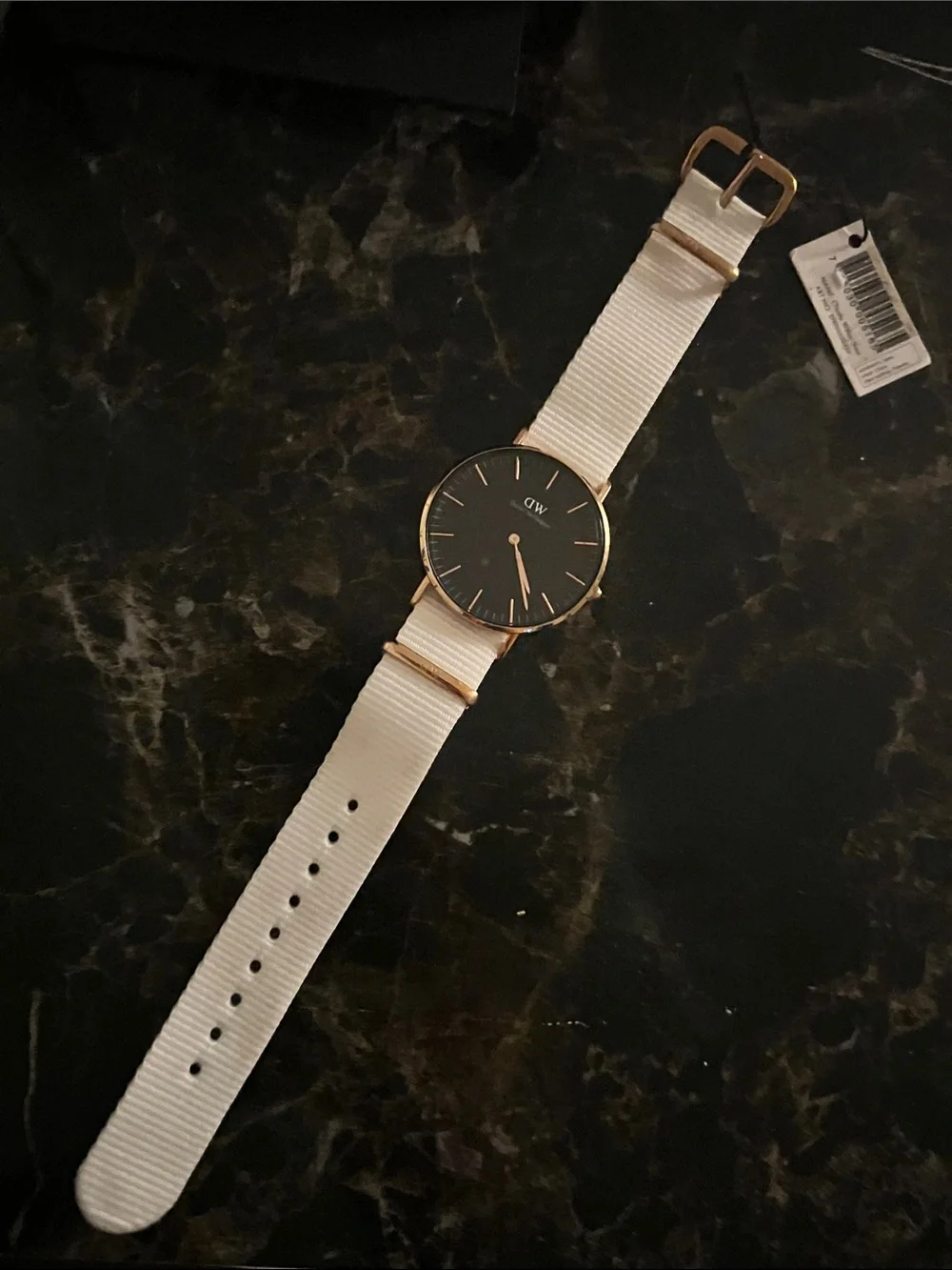 Classic Black Dial Watch with White Nylon Strap